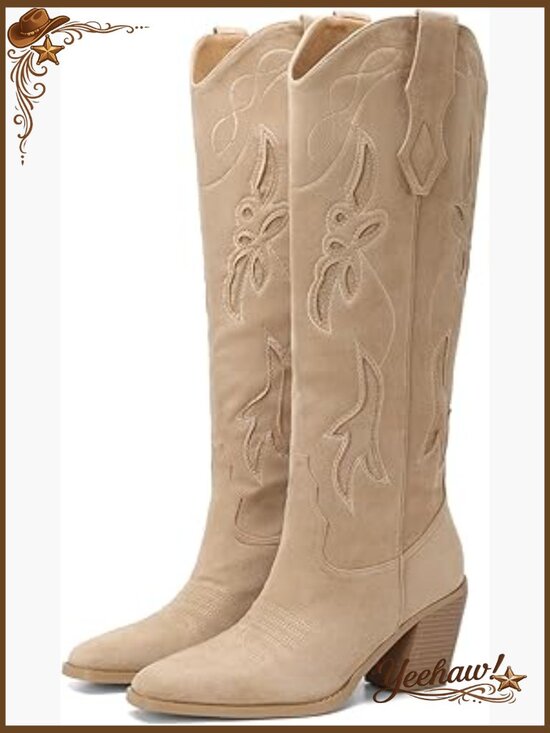 Shoes - Embroidered Cowgirl Boots Knee High Square Toe Chunky Heel